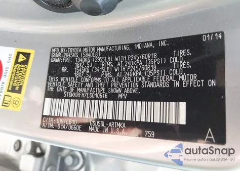 2014 Toyota Highlander Xle V6 z USA, uszkodzony, nr VIN 5TDKKRFH7ES010646